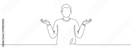 Continuous one line drawing of a person shrugging with open hands. Concept of confusion, uncertainty and lack of knowledge