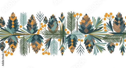 A beautifully arranged graphic illustration featuring stylized pinecones, evergreen branches, and vibrant berries creating a charming winter nature border.