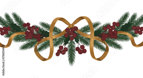 A beautifully illustrated festive Christmas garland featuring lush green fir branches adorned with vibrant red berries and elegant golden ribbon, perfect for holiday season decorations.