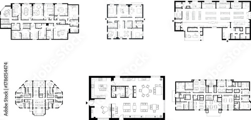 Set of six architectural floor plan drawings