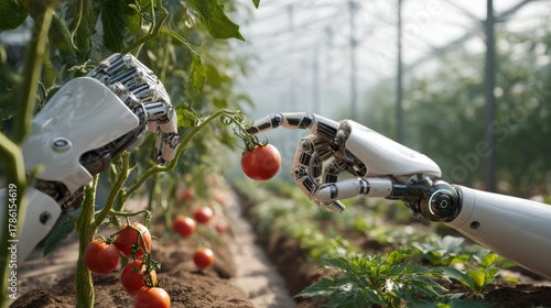 Photorealistic, wide-angle shot. Two advanced agricultural robots with sleek white and silver designs are working in a vibrant, sunlit organic vegetable greenhouse. 