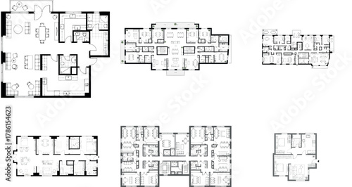 Assortment of six residential floor plan designs