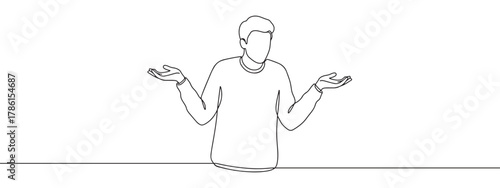 Continuous one line drawing of a person shrugging with open hands. Concept of confusion, uncertainty and lack of knowledge