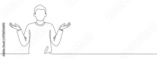 Continuous one line drawing of a person shrugging with open hands. Concept of confusion, uncertainty and lack of knowledge