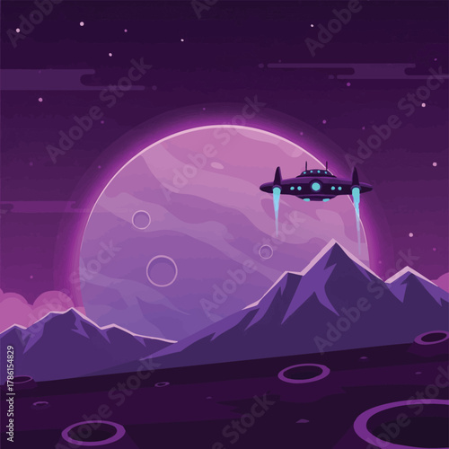 A futuristic spaceship soars through the cosmos, passing a large, purple planet, creating a vibrant, digital illustration of space exploration.