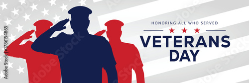 Veterans Day banner with a soldier silhouette saluting, flanked by American flags, set against a background of stars and stripes. Honors veterans and service members who served the USA.