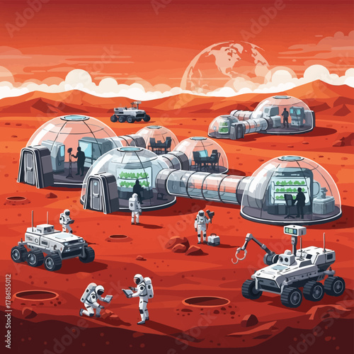 An artistic depiction showcases a Martian colony with astronauts, rovers, and habitats under a red sky, symbolizing space exploration and future colonization.