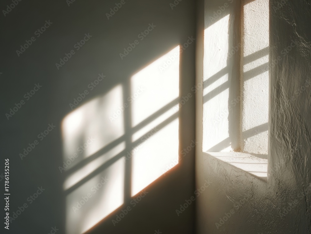 Obraz premium Sunlight streaming through window creating intricate shadow patterns on textured walls dramatic interplay light shadow transforming ordinary room into captivating visual experience 