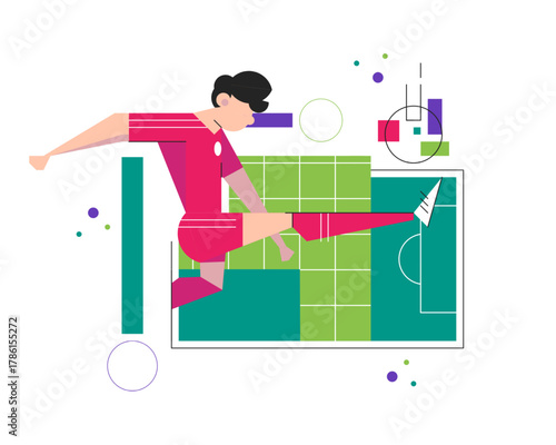 Modern flat illustration of a soccer player in action kicking the ball on a stylized football field, symbolizing energy, teamwork, and sportsmanship in a geometric design.