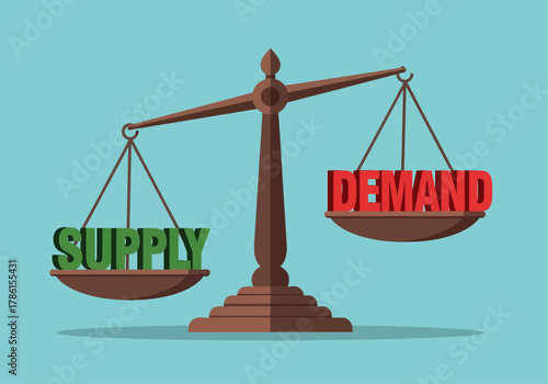 Photos A flat vector illustration depicts an economic imbalance on a scale, where the red 3D word DEMAND clearly outweighs the green word SUPPLY