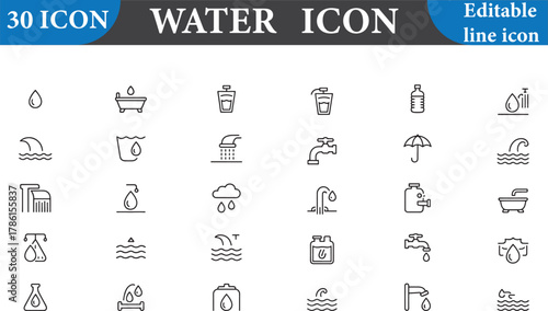 Water icon set with editable line isolated on white background vector