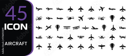 Collection of 45 diverse aircraft icons representing various types of planes and aerial vehicles