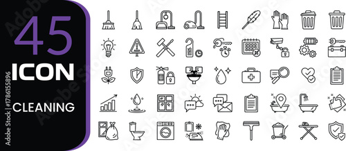 Collection of 45 simple outline icons representing various cleaning tools and supplies for household chores and hygiene