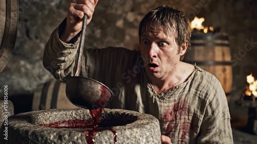 In a dimly lit medieval workshop, a man stirs a bubbling cauldron filled with a thick crimson liquid.