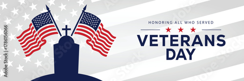 Veterans Day banner with a soldier silhouette saluting, flanked by American flags, set against a background of stars and stripes. Honors veterans and service members who served the USA.