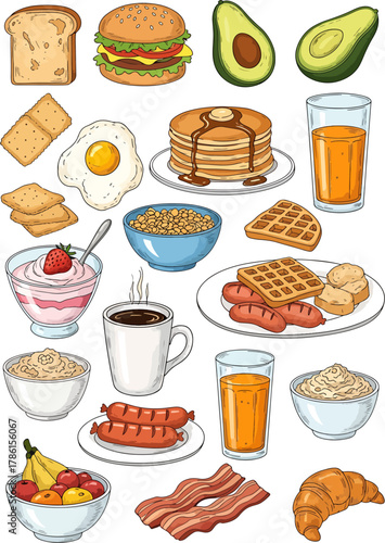 A Delicious Assortment of Breakfast Foods Including Pancakes, Eggs, Bacon, Croissants, Fruits, and Orange Juice.