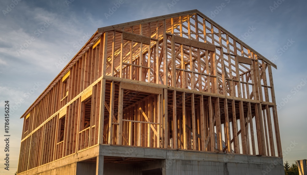 Fototapeta premium Large wooden building spacious structure crafted from wood showcasing traditional architectural style and natural materials