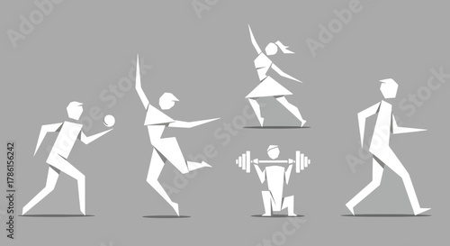 Abstract White Figures Engaged in Diverse Activities Representing Sports Fitness and Healthy Lifestyle
