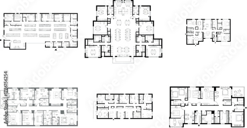 Collection of six different floor plans for residential buildings