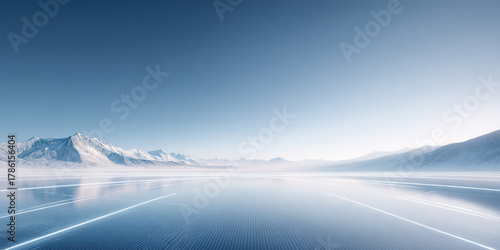 Ice surface and illuminated lines in outdoor space against the backdrop of snow-capped mountains