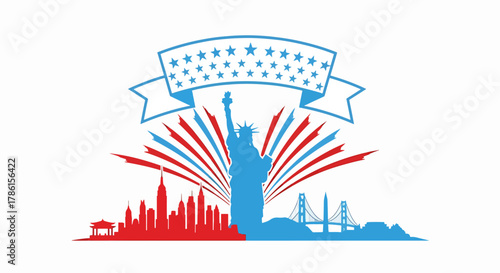 American Independence Day Celebration Skyline with Statue of Liberty and Patriotic Stars and Stripes Banner