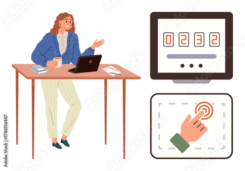 Woman at desk with laptop, cup, and notes. Digital counter, touchscreen action. Ideal for technology, innovation, productivity, workspace data user experience simple flat metaphor