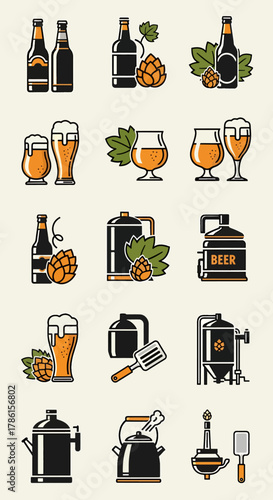 Brewing Craft Beer Icons Set Collection of Equipment Bottles Hops and Glasses for Home Brewing and Craft Beer Making