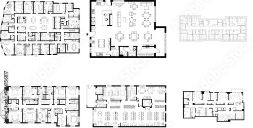 Assortment of six different architectural floor plans for homes
