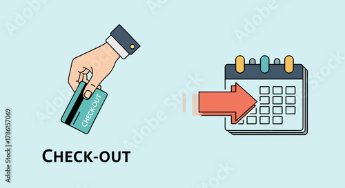 Check out credit card transaction for payment, arrow pointing to calendar for booking and appointment dates illustration