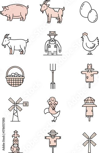 Charming Farm Icons Set Featuring a Pig, Goats, Chicken, Farmer, Eggs, Basket, Pitchfork, Windmill, Scarecrow, and Decorative Elements