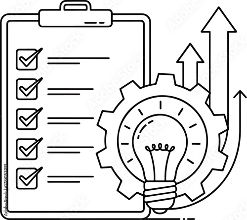 Checklist progress with gear and light bulb, representing innovative solutions and successful project completion