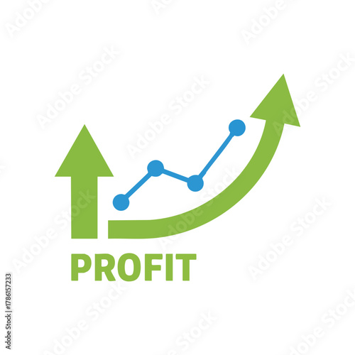 Upward trending graph with growth arrow and blue dots indicating an increase in profit, symbolizing business success and financial gains