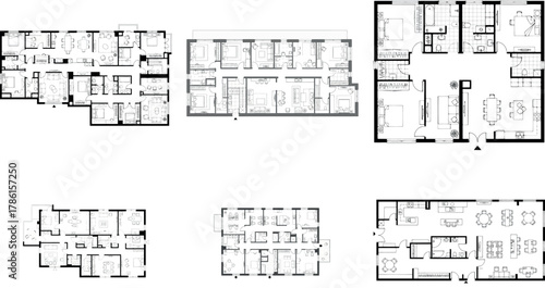 Set of six diverse floor plans for residential properties