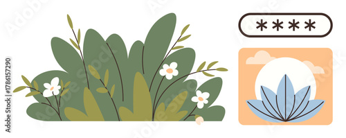 Dense green foliage with white flowers, password entry field, and lotus motif in a warm sunset. Ideal for nature, relaxation, security, balance, wellness design or mindfulness. Simple flat metaphor