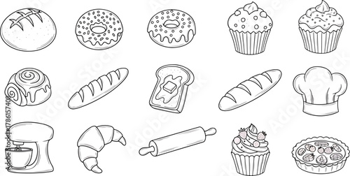 Collection of bakery and pastry items, including breads, muffins, cupcakes, croissants, donuts, and a chef's hat, hand-drawn illustration.