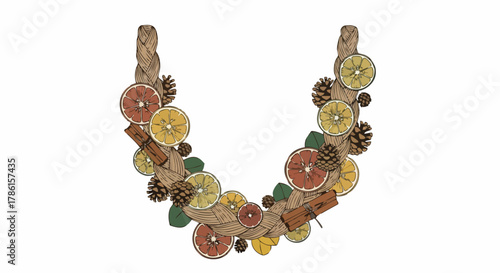 A charming handcrafted garland, artfully arranged with dried citrus slices, fragrant cinnamon sticks, and rustic pinecones, perfect for festive seasonal decoration.