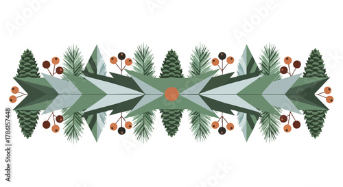 A modern geometric winter border featuring stylized evergreen trees, pinecones, and vibrant berries, perfect for festive seasonal designs.