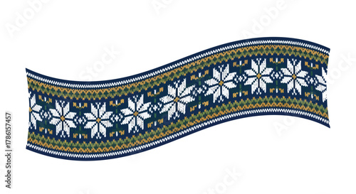 Elegant waving ribbon with a traditional Scandinavian fair isle knit pattern, showcasing intricate snowflakes and geometric designs for festive occasions.