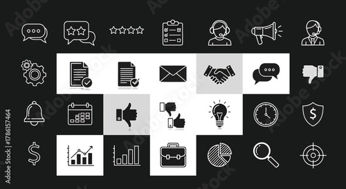 Collection of business and finance icons representing analytics, communication, success, and work with a modern flat design style