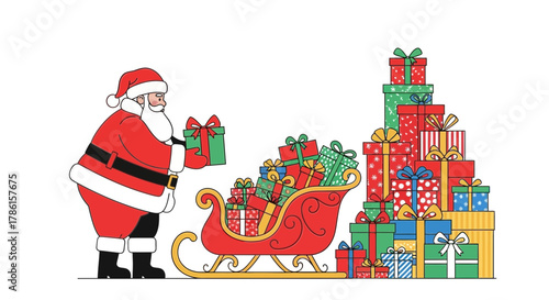 Santa claus holding a christmas gift next to a sleigh overflowing with presents and a large stack of holiday gifts