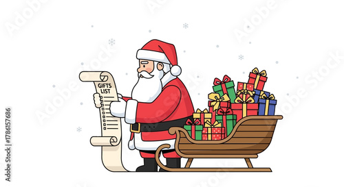 Santa claus holding a long gifts list checking it before loading presents into his sleigh for christmas delivery