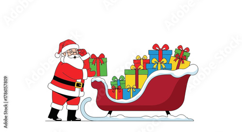 Santa claus carefully places a gift into his overflowing sleigh full of colorful presents ready for christmas delivery