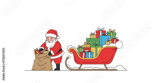 Happy santa claus character filling a sack with christmas presents next to a sleigh overflowing with gifts