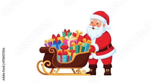 Happy santa claus character with a sleigh full of colorful christmas presents and gifts on a white background