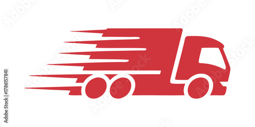 Red fast delivery truck icon with speed lines for express shipping and logistics services