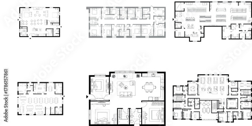 Group of six diverse floor plan layouts for homes and apartments