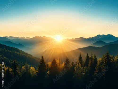 Breathtaking sunrise over mountains, casting warm light on trees and valleys, creating a serene and peaceful landscape.