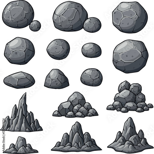 Cartoon stone and brown rock, 3D boulders and pebbles, pile of rubble and debris, isolated natural landscape elements, mountain cliff and rocky terrain, gravel game texture wall piece. Vector set.