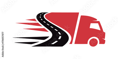 Fast delivery truck and winding road logo design symbolizing speed, logistics, and transport
