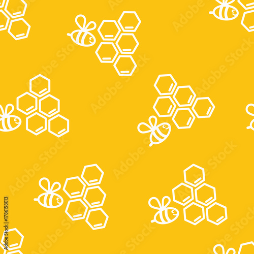 Yellow bee and honeycomb seamless pattern vector. Seamless pattern featuring bees and honeycombs vector doodle cartoon style. This charming design includes beehives, honeycombs, and buzzing bees.